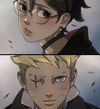 1boy 1girl black_hair blonde_hair blue_eyes boruto:_two_blue_vortex earrings eye_contact glasses highres jacket jewelry lips looking_at_another looking_back naruto_(series) necktie one_eye_closed short_hair simple_background uchiha_sarada upper_body uzumaki_boruto