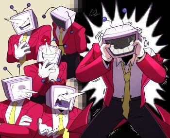 1boy ant_tenna arms_behind_back black_pants blush_stickers clutching_head collared_shirt crt deltarune fangs flower gloves hands_on_own_head hashtag-only_commentary highres lisa77494 male_focus multiple_views necktie object_head open_mouth pants pointy_nose shirt signature static sweat tailcoat teeth trembling utdr_(toby_fox) white_gloves white_shirt yellow_necktie