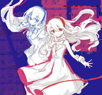 Rule 34 | 2girls, bandaged arm, bandages, bare shoulders, blue eyes, cable, colored skin, commentary request, doro c, dress, dual persona, hair between eyes, hardcore syndrome, hardcore tano c, headphones, highres, j-core, long hair, looking at viewer, multiple girls, official alternate color, red eyes, sketch, very long hair, white dress, white hair, white skin, wusem0108