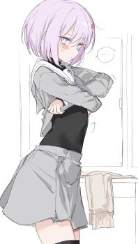 Rule 34 | ..., 1girl, absurdres, black bodystocking, black thighhighs, cardigan, clothes lift, grey shirt, grey skirt, hair ornament, hairclip, highres, light blush, looking at viewer, purple eyes, purple hair, sailor collar, school uniform, shirt, short hair, skirt, subaritsuku, sweatdrop, thighhighs, undressing, unworn clothes, voiceroid, white sailor collar, yuzuki yukari, yuzuki yukari (shizuku)