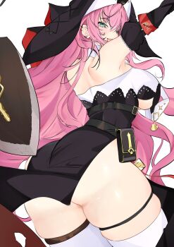 1girl absurdres bare_shoulders black_dress black_veil blush breasts detached_sleeves dress ear_piercing gerie_(stella_sora) green_eyes highres large_breasts long_hair looking_at_viewer looking_back no_panties nun open_mouth piercing pink_hair simple_background sleeveless sleeveless_dress smile solo stella_sora thigh_strap thighhighs unanooo_(fthx7532) underboob veil white_background white_thighhighs