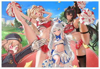 Rule 34 | + +, 5girls, :d, absurdres, ahoge, armpits, asymmetrical legwear, bandaid, bandaid on leg, bay (nikke), beret, black hair, black socks, black sports bra, black thighhighs, blonde hair, blue bow, blue bowtie, blue eyes, blue ribbon, blue skirt, blush, bow, bowtie, breasts, brown eyes, brown hair, censored, cheerleader, clay (nikke), collar, confetti, convenient censoring, crop top, dark-skinned female, dark skin, facial tattoo, gakuran, gloves, goddess of victory: nikke, grin, hair intakes, hair ornament, hair ribbon, hairband, hairclip, hat, highres, large breasts, leg up, long hair, looking at viewer, midriff, miranda (nikke), mole, mole on breast, mole on stomach, mole under mouth, motion lines, multicolored hair, multiple girls, navel, official alternate costume, open mouth, ouendan, pink eyes, pink hair, pisik, poli (cheer up police) (nikke), poli (nikke), pom pom (cheerleading), ponytail, quiry (nikke), red hair, red shirt, red skirt, ribbon, salute, school uniform, shirt, shoes, short twintails, sidelocks, single thighhigh, skirt, small breasts, smile, sneakers, socks, spiked collar, spikes, split, sports bra, standing, standing on one leg, standing split, star (symbol), star tattoo, straight-arm salute, streaked hair, tan, tanline, tattoo, thigh strap, thighhighs, torn clothes, torn thighhighs, twintails, two-tone shirt, two-tone skirt, underboob, very long hair, visor cap, wavy hair, whistle, whistle around neck, white gloves, white hair, white skirt, white socks