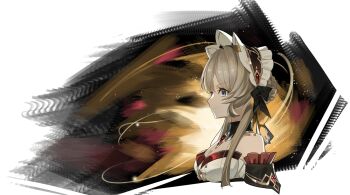 1girl bare_shoulders black_bow blue_eyes bow breasts brooch cleavage detached_collar detached_sleeves genshin_impact grey_hair hairband highres jewelry long_hair sandrone_(genshin_impact) shiqi_tokii smile solo strapless upper_body