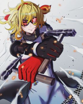 >:) 1girl black_coat black_scarf black_sleeves blonde_hair blush bow closed_mouth coat coat_partially_removed commentary dress dual_wielding english_commentary eyewear_on_head fur_collar gloved_sleeves gloves hair_bow hairband hammer highres hoarah_lux holding holding_hammer hololive hololive_indonesia kaela_kovalskia kaela_kovalskia_(1st_costume) long_dress long_sleeves looking_at_viewer mallet medium_hair pantyhose red-tinted_eyewear red_bow red_eyes red_gloves red_hairband scarf side_slit single_glove smile solo sunglasses swept_bangs tinted_eyewear v-shaped_eyebrows virtual_youtuber white_dress wind