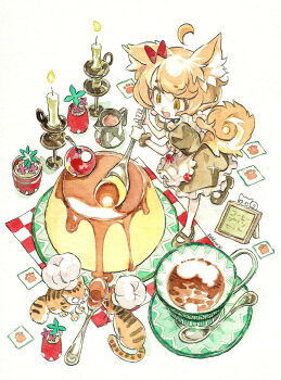 1girl absurdres ahoge animal_ear_fluff animal_ears apron artist_name bow brown_dress brown_scrunchie brown_shoes candle candlestand cat cat_ears cat_girl cat_tail checkered_blanket chef_hat cherry commentary cup dress english_commentary eudetenis film_grain fire food frilled_apron frilled_dress frills from_above fruit full_body hair_bow hat highres holding holding_spoon mary_janes medium_hair open_mouth orange_eyes orange_hair original oversized_object oversized_spoon pantyhose paper paw_print pitcher_(container) plant plate potted_plant print_apron red_bow scrunchie shoes short_sleeves simple_background smile solo spoon standing syrup tail teacup two_side_up white_background white_pantyhose wrist_scrunchie