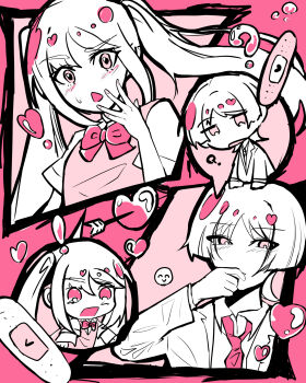 1boy 1girl ? absurdres alternate_costume asymmetrical_bangs averting_eyes bandaid blazer blunt_bangs blunt_ends blush bow bowtie commentary contemporary covering_own_mouth fingernails genshin_impact hand_over_own_mouth hand_up heart heart_in_eye hetero highres jacket kgt1mzp8wzk83g6 lapels layered_sleeves light_blush long_hair long_sleeves looking_at_another looking_down mona_(genshin_impact) necktie open_hand open_mouth parted_bangs pink_theme scaramouche_(genshin_impact) school_uniform short_sleeves sidelocks spoken_character sweatdrop sweater_vest symbol-only_commentary symbol_in_eye triangle_mouth twintails undershirt wispy_bangs