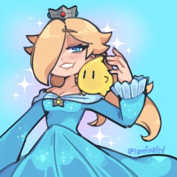 1girl blonde_hair blue_background blue_dress blue_eyes brooch commentary crown dress english_commentary hair_over_one_eye highres iamfixated jewelry long_hair long_sleeves looking_at_viewer luma_(mario) mario_(series) nintendo off-shoulder_dress off_shoulder rosalina star_brooch super_mario_galaxy twitter_username