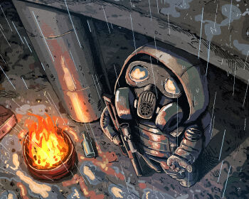 1other barrel bodysuit bulletproof_vest commentary fire full_body gas_mask gloves grey_bodysuit grey_gloves gun holding holding_gun holding_weapon jazz_jack mask military_uniform other_focus rain rifle sniper_rifle solo stalker_(game) stalker_2:_heart_of_chornobyl standing vss_vintorez water weapon