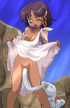 1990s_(style) 1girl blush bmp bottomless breasts dark-skinned_female dark_skin dress earrings female_focus fushigi_no_umi_no_nadia jewelry king nadia_la_arwall nature nipples outdoors plant pussy retro_artstyle sky solo tail_insertion tsujizen uncensored vaginal