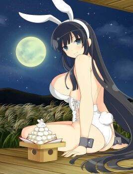1girl animal_ear_hairband animal_ears architecture arm_support armpit_crease ass bare_shoulders black_hair black_wrist_cuffs blue_eyes blunt_bangs blunt_ends blush breasts cloud east_asian_architecture fake_animal_ears fake_tail field food full_moon hairband highleg highleg_leotard hime_cut ikaruga_(senran_kagura) large_breasts leotard long_hair looking_at_viewer looking_back median_furrow mochi moon mountain mountainous_horizon night night_sky official_alternate_costume official_art playboy_bunny porch rabbit_ear_hairband rabbit_ears rabbit_tail senran_kagura senran_kagura_new_wave senran_kagura_shoujo-tachi_no_shin&#039;ei shiny_skin shoulder_blades side-tie_leotard sideboob sitting sky smile solo star_(sky) starry_sky strapless strapless_leotard tail very_long_hair white_leotard wooden_porch wrist_cuffs