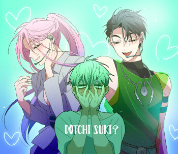 1girl 2boys alien_stage armband bisexual_male black_eyes black_hair black_shirt blue_hair blush commentary_request cosplay gradient_hair green_tank_top grey_hair grey_jacket hand_on_headset hands_on_own_face heart highres ivan_(alien_stage) jacket jewelry long_hair luka_(alien_stage) luka_(alien_stage)_(cosplay) microphone mizi_(alien_stage) multicolored_hair multiple_boys pink_hair ponytail ring romaji_text sazare_(sazozo0) see-through_tank_top shirt short_hair sleeveless sleeveless_shirt sleeveless_turtleneck sweat tank_top till_(alien_stage) till_(alien_stage)_(cosplay) turtleneck turtleneck_shirt two-tone_hair very_long_hair very_short_hair white_shirt yellow_eyes