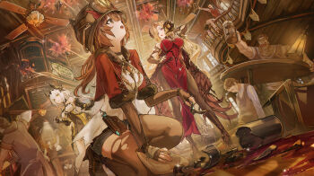 3girls 4boys absurdres alcohol black_helmet black_horns black_pantyhose black_thighhighs blonde_hair breasts broken_bottle brown_bag brown_eyes brown_hair camilla_(duet_night_abyss) ceiling_fan commentary dress drink duet_night_abyss english_commentary full_body hair_ornament helmet highres holding holding_drink horns large_breasts long_hair looking_afar margie_(duet_night_abyss) multiple_boys multiple_girls pantyhose psyche_(duet_night_abyss) red_dress sparkle standing table thighhighs torn_clothes torn_thighhighs twintails white_hair wine xude yellow_eyes