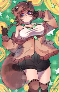 &gt;:) 1girl :3 animal_ears arms_up bandaid bandaid_on_face bandaid_on_nose bare_shoulders black_shorts blue_eyes blush breasts brown_gloves brown_hair brown_jacket brown_tail brown_thighhighs camisole cleavage colored_tips colorful_background commentary eyes_visible_through_hair gloves green_background halftone halterneck hand_up hat hat_with_ears high-waist_shorts highres jacket long_sleeves looking_at_viewer lyrus_rain multicolored_hair newsboy_cap off_shoulder owozu puffy_long_sleeves puffy_sleeves raccoon_ears raccoon_girl raccoon_hat raccoon_tail rakkun_sutaru rakkun_sutaru_(2nd_costume) red_hair shirt short_hair shorts signature spanish_commentary sparkling_eyes streaked_hair striped_tail tail taut_clothes taut_shirt thighhighs thumbs_up two-tone_hair v v-shaped_eyebrows v_over_eye virtual_youtuber white_camisole
