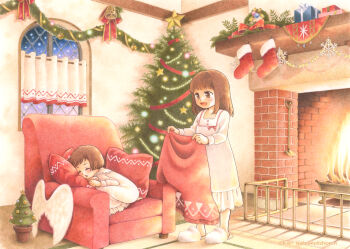 2girls absurdres brown_hair chiori_n christmas christmas_tree colored_pencil_(medium) commentary_request decorations dress fireplace highres indoors looking_at_another medium_hair multiple_girls night original short_hair sleeping slippers smile snowing traditional_media