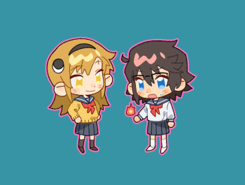 2girls black_sailor_collar black_skirt blonde_hair blush brown_hair chibi chinese_commentary commentary fire full_body glasses green_background jiguang_haibao koishikawa_iko long_hair long_sleeves miniskirt momijiyama_teru multiple_girls neckerchief pleated_skirt red_neckerchief sailor_collar school_uniform short_hair shy_(series) skirt smile standing yellow_eyes