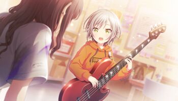 2girls black_hair blurry blurry_background colored_inner_hair colorful_palette drawstring game_cg green_eyes grey_hair guitar highres hinomori_shiho hood hoodie instrument looking_at_another looking_at_viewer multicolored_hair multiple_girls official_art open_mouth orange_hoodie project_sekai shirt short_hair solo_focus stick_to_your_faith_(project_sekai) teeth third-party_source tongue upper_teeth_only vignetting white_shirt