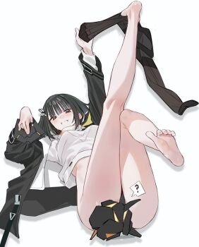 1girl arknights arknights:_endfield barefoot black_eyes black_hair blush endministrator_(arknights) feet female_endministrator_(arknights) grin looking_at_viewer lying medium_hair on_back panties pantyhose pantyshot planbi smile soles toes underwear unworn_pantyhose