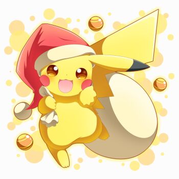2016 christmas clothed_pokemon full_body gen_1_pokemon happy hat holidays nintendo no_humans open_mouth pikachu pokemon pokemon_(creature) pokemon_focus red_hat santa_hat solo white_background