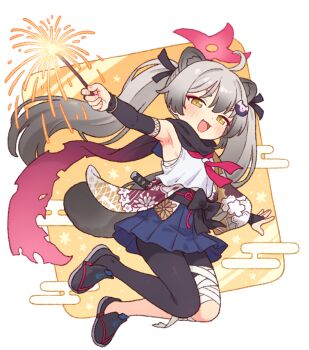 1girl animal_ear_fluff animal_ears armpits asymmetrical_legwear bandaged_leg bandages black_gloves black_pantyhose black_scarf black_shoes blue_archive blue_skirt blush breasts bridal_gauntlets commentary elbow_gloves fireworks full_body gloves grey_hair halo holding holding_fireworks long_hair looking_at_viewer michiru_(blue_archive) miniskirt mismatched_legwear neckerchief ninja onyhakase open_mouth pantyhose pink_halo pleated_skirt raccoon_ears raccoon_girl raccoon_tail red_neckerchief scarf shirt shoes skirt small_breasts solo sparkler tail twintails white_shirt yellow_eyes