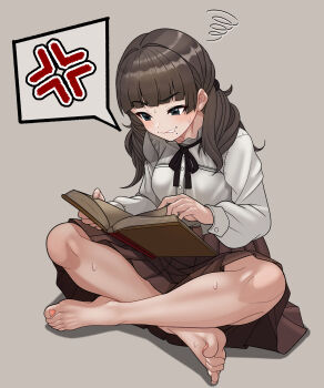 Rule 34 | 1girl, absurdres, anger vein, barefoot, black eyes, black ribbon, blunt bangs, blush, book, brown hair, clenched teeth, commentary request, face piercing, fear &amp; hunger (series), fear &amp; hunger 2: termina, feet, full body, grey background, highres, holding, holding book, indian style, legs, long hair, long sleeves, marina (fear &amp; hunger), minami no uo-za, mouth piercing, nail polish, neck ribbon, open book, piercing, pink skirt, pleated skirt, reading, ribbon, shadow, shirt, simple background, sitting, skirt, solo, spoken anger vein, sweat, teeth, toenail polish, toenails, toes, white shirt