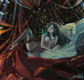 1girl artist_name black_hair blush breasts choker closed_mouth commentary covered_navel dutch_angle earrings english_commentary highres jewelry large_breasts leotard long_hair looking_at_viewer lying marvel marvel_rivals nail_polish on_side paid_reward_available psylocke purple_eyes purple_lips solo spread_legs tatti_art thighhighs variant_set wide_hips