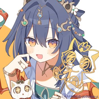 1girl :d animal_print artist_name black_hair blue_hair bracelet braid cat_print food hair_between_eyes hair_intakes hair_ornament hair_rings highres holding holding_food honkai:_star_rail honkai_(series) jewelry looking_at_viewer multicolored_eyes necklace official_alternate_costume official_alternate_hairstyle open_mouth pouch ring side_braid sidelocks smile tanghua two-tone_eyes uwasewau yunli_(emberblaze)_(honkai:_star_rail) yunli_(honkai:_star_rail)