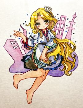 Rule 34 | 1girl, barefoot, blonde hair, closed mouth, dress, full body, hair ornament, hairband, highres, key747h, long hair, long sleeves, looking at viewer, painting (medium), rainbow gradient, shell, shell hair ornament, smile, solo, touhou, traditional media, very long hair, watari nina, white dress, yellow eyes