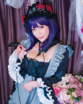 1girl breasts cosplay female_focus headband japanese_(nationality) large_breasts looking_at_viewer model photo_(medium) purple_hair real_life shibuya_kaho solo sono_bisque_doll_wa_koi_wo_suru thighhighs wig