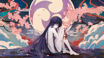 1boy barefoot blunt_ends cherry_blossoms closed_mouth commentary eyeliner feathers flower genshin_impact hair_between_eyes highres long_hair makeup male_focus neyti_(neytirv) nude purple_eyes purple_hair red_eyeliner red_flower scaramouche_(genshin_impact) sky spider_lily star_(sky) string symbol-only_commentary tattoo tree watermark