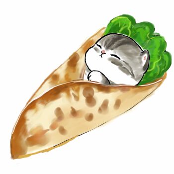 animal_focus cat closed_eyes closed_mouth commentary_request food_request highres juno_(mofu_sand) no_humans original simple_background solo swaddled white_background