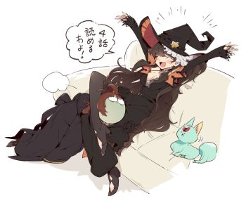 2girls ahoge amearare armchair arms_up aru_majo_ga_shinu_made asphyxiation black_dress black_jacket black_pantyhose black_thighhighs brown_hair carbuncle_(aru_majo) chair closed_eyes closed_mouth dress happy hat inori_(aru_majo) jacket japanese_text long_sleeves meg_raspberry multiple_girls open_mouth pantyhose simple_background sitting smile speech_bubble thighhighs white_background witch_hat