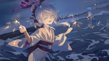 2girls absurdres ako_(blue_archive) ako_(dress)_(blue_archive) alternate_costume blue_archive blue_dress blue_eyes blue_hair blue_halo blush closed_eyes commentary demon_girl demon_horns dress dual_wielding hair_bun halo highres hina_(blue_archive) hina_(dress)_(blue_archive) holding holding_fireworks horns japanese_clothes kimono lighthouse long_hair multiple_girls night night_sky obi ocean official_alternate_hairstyle open_mouth purple_halo purple_sash sash shortofsugar sky skyline sleeveless sleeveless_dress solo_focus w_arms white_kimono