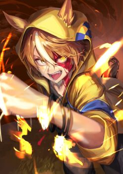 animal_ears black_pants blood blood_on_face bracelet brown_hair dicta_striker_(umamusume) ears_through_headwear ears_through_hood eye_trail glowing glowing_eyes hair_between_eyes hood hooded_jacket hoodie horse_ears horse_girl horse_tail jacket jewelry light_trail long_sleeves multicolored_hair open_mouth pants qdx4p running short_hair sparks streaked_hair tail teeth umamusume umamusume:_cinderella_gray white_hair yellow_eyes yellow_hood yellow_hoodie yellow_jacket