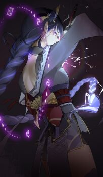 1girl absurdres arm_up back back_bow back_tattoo blunt_bangs bow bridal_gauntlets commentary drawing_sword electricity energy_beam english_commentary fan_hair_ornament floating_hair from_behind from_side genshin_impact glowing glowing_hair glowing_sword glowing_tattoo glowing_weapon gradient_hair hair_ornament highres holding holding_sword holding_weapon human_scabbard japanese_clothes jelmul kimono light_blush light_particles lingerie long_hair long_sleeves looking_at_viewer looking_to_the_side mitsudomoe_(shape) mole mole_under_eye multicolored_hair musou_isshin_(genshin_impact) open_mouth purple_background purple_eyes purple_hair purple_kimono raiden_shogun rainbow red_sash sash solo standing streaked_hair sword sword_between_breasts tattoo thighs tomoe_(symbol) underwear upper_body weapon wide_sleeves