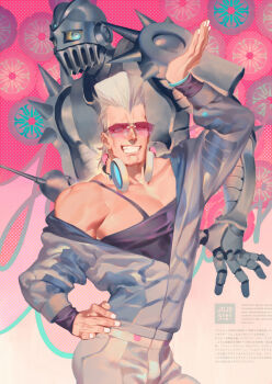 2boys flattop grey_hair headphones headphones_around_neck jacket jean_pierre_polnareff jojo_no_kimyou_na_bouken multiple_boys one_eye_closed rei_(sanbonzakura) silver_chariot stand_(jojo) sunglasses white_hair