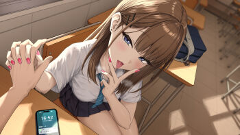 1boy 1girl absurdres aoi_tiduru black_skirt blue_eyes blush breasts brown_hair chair classroom collared_shirt desk diagonal-striped_clothes diagonal-striped_necktie earrings from_above gyaru hair_ornament hairclip heavy_breathing highres holding_hands indoors jewelry kogal long_hair looking_at_viewer medium_breasts miniskirt mole mole_under_eye nail_polish necktie open_mouth original pleated_skirt pov pov_hands saliva school school_chair school_desk school_uniform shirt short_sleeves sitting skirt solo_focus striped_clothes thighs tongue tongue_out v v_over_mouth white_shirt