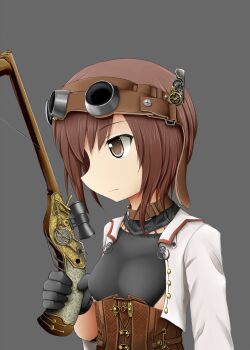 10s 1girl adapted_costume black_gloves bow_(weapon) brown_eyes brown_hair coat crossbow female_focus gears gloves goggles goggles_on_head grey_background highres jacket kantai_collection profile quality scope short_hair simple_background solo steampunk sudou_noboru taihou_(kancolle) upper_body weapon