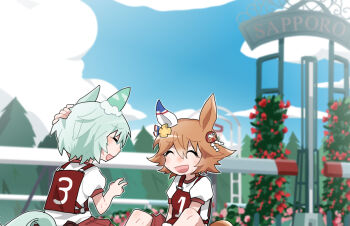 2girls :d ^_^ animal_ears arm_behind_head arm_up beer_hsk blue_sky blurry blurry_background blush brown_hair closed_eyes cloud commentary_request daruma_doll day depth_of_field flower grey_hair hair_between_eyes hair_flower hair_ornament horse_ears horse_girl horse_tail matikanefukukitaru_(umamusume) multiple_girls open_mouth original_race_uniform_(umamusume) outdoors puffy_short_sleeves puffy_sleeves race_bib red_flower red_shorts seiun_sky_(umamusume) shide shirt short_sleeves shorts sky smile sweat tail umamusume white_shirt yellow_flower