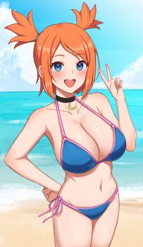 1girl :d absurdres bare_arms beach bikini blue_bikini blue_hair blue_sky blush breasts cleavage cloud collarbone commission day highres horizon large_breasts looking_at_viewer medium_hair mixed-language_commentary nintendo ocean open_mouth orange_hair original outdoors pixiv_commission pokemon pokemon_colosseum rui_(pokemon) side-tie_bikini_bottom sky smile solo surippa1010 swimsuit v