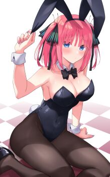 1girl animal_ears arm_up black_bow black_bowtie black_leotard black_ribbon blue_eyes blunt_bangs blush bow bowtie breasts brown_pantyhose checkered_floor cleavage covered_navel detached_collar fake_animal_ears go-toubun_no_hanayome hair_ribbon highres large_breasts leotard long_hair medium_hair nail_polish nakano_nino pantyhose pink_hair playboy_bunny profnote rabbit_ears rabbit_tail ribbon shoes solo strapless strapless_leotard tail two_side_up white_background wrist_cuffs