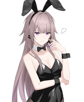 1girl absurdres alternate_costume animal_ear_hairband animal_ears bare_shoulders black_bow black_bowtie black_hair bow bowtie breasts cleavage closed_mouth commentary fake_animal_ears hair_ribbon hairband hand_up heart herta_(honkai:_star_rail) highres honkai:_star_rail honkai_(series) leotard long_hair looking_at_viewer medium_breasts nicel playboy_bunny purple_eyes purple_ribbon rabbit_ear_hairband rabbit_ears ribbon simple_background smile solo strapless strapless_leotard the_herta_(honkai:_star_rail) upper_body white_background wrist_cuffs