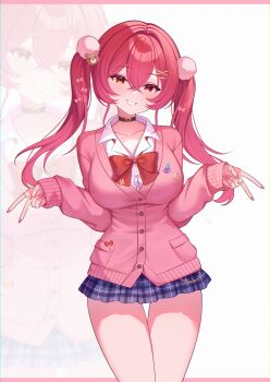 Rule 34 | 1girl, absurdres, alternate costume, black choker, blue skirt, blush, bow, bowtie, breasts, buttons, cardigan, choker, collarbone, collared shirt, commentary, cowboy shot, crossed bangs, demcheg, double v, fingernails, hair between eyes, hair ornament, hands up, highres, hololive, houshou marine, large breasts, legs together, letterboxed, long hair, long sleeves, miniskirt, nail polish, parted lips, pink cardigan, pink nails, plaid clothes, plaid skirt, pleated skirt, pom pom (clothes), pom pom hair ornament, red bow, red bowtie, red hair, shirt, skirt, sleeve cuffs, sleeves past wrists, smile, solo, symbol-only commentary, teddy bear hair ornament, thighs, twintails, v, virtual youtuber, white shirt, x hair ornament, yellow eyes, zoom layer