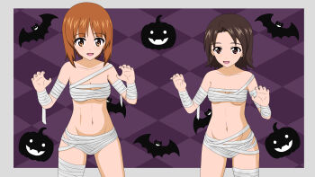 2girls bandages blush breasts brown_eyes brown_hair cleavage collarbone fangs girls_und_panzer halloween imperial_legacy large_breasts looking_at_viewer multiple_girls navel nishizumi_miho open_mouth sawa_azusa short_hair smile