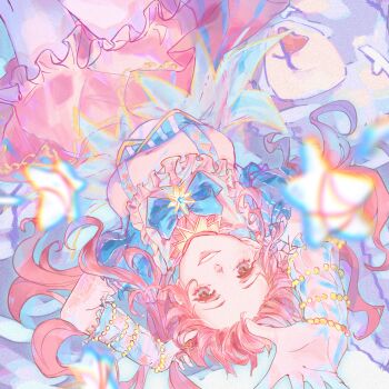 1girl artist_request bead_bracelet beads blue_arm_warmers blue_bow blue_bowtie blue_sleeves bow bowtie bracelet breasts brooch brown_eyes bubble_skirt chinese_commentary commentary_request cowboy_shot eyelashes frilled_arm_warmers frilled_skirt frilled_sleeves frills hand_in_own_hair happy hexagram highres infinity_nikki jewelry layered_skirt lipstick long_hair makeup medium_breasts miniskirt multiple_bracelets nikki_(nikki) nikki_(series) open_mouth pink_hair pink_lips pink_shirt pink_skirt puffy_short_sleeves puffy_sleeves second-party_source shirt short_sleeves skirt smile solo star_(symbol) star_brooch striped_clothes striped_skirt stuffed_animal stuffed_toy suspenders teddy_bear teeth twintails upside-down vertical-striped_clothes vertical-striped_skirt vertical-striped_sleeves wavy_hair whimstar_(infinity_nikki) yarn