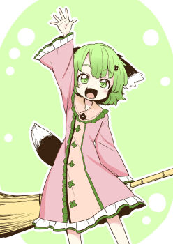 Rule 34 | 1girl, absurdres, animal ears, bamboo broom, broom, commentary, dog ears, dog girl, dog tail, dress, green eyes, green hair, highres, holding, holding broom, kasodani kyouko, long sleeves, oninamako, open mouth, pink dress, smile, solo, tail, touhou, wide sleeves