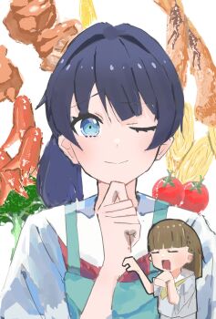 Rule 34 | 2girls, ;), apron, aqua apron, blue eyes, braid, broccoli, brown hair, center-flap bangs, closed eyes, closed mouth, commentary request, dress, food, food-themed background, food art, grey dress, hair intakes, hand on own chin, hasu no sora school uniform, highres, kachimachi kosuzu, link! like! love live!, love live!, multiple girls, murano sayaka, neckerchief, omelet, one eye closed, open mouth, ponytail, raised eyebrow, red neckerchief, sailor collar, sailor dress, school uniform, short sleeves, side braids, smile, split mouth, summer uniform, tako-san wiener, tamagoyaki, tomato, virtual youtuber, white sailor collar, yellow neckerchief, zen66574227