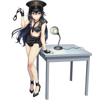1girl aviator_sunglasses between_breasts black_gloves black_necktie blush breasts cleavage closed_mouth crop_top crossed_bangs cuffs dolphin_wave eyewear_on_head fingerless_gloves fishnet_pantyhose fishnets game_cg gloves hagane_otsuki hand_on_table handcuffs hat high_heels highres holding holding_handcuffs interrogation lamp long_hair looking_at_viewer necktie necktie_between_breasts non-web_source official_art ootomo_takuji pantyhose pencil_skirt police police_hat police_uniform policewoman shirt skirt small_breasts smile solo sunglasses transparent_background