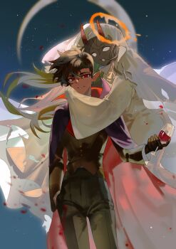 2boys absurdres alcohol alternate_costume animification badboyhalo black_hair black_skin chinese_commentary cihuabinggan cloak colored_skin commentary_request cup dark-skinned_male dark_skin demon_boy demon_horns dream_smp drinking_glass empty_eyes formal_clothes halloween halo highres horns hug humanization long_hair long_sleeves looking_at_viewer male_focus minecraft_youtube monster_boy multiple_boys open_mouth outdoors pointy_ears red_eyes red_wine short_hair skeppy smile suit white_cloak white_eyes wine wine_glass