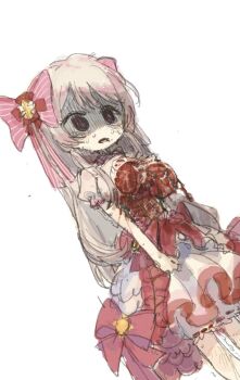 1girl blonde_hair blood blood_from_mouth breasts chaos_marie_(grimms_notes) grimms_notes guro highres large_breasts long_hair lying pink_eyes touka_13 white_background