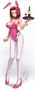 1girl absurdres alcohol animal_ears arm_at_side bare_shoulders between_breasts blue_eyes bottle bow bowtie breasts code_geass commentary cup dated detached_collar drinking_glass fake_animal_ears fake_tail fingernails full_body gluteal_fold heart high_heels highleg highleg_leotard highres holding holding_tray kouzuki_kallen large_breasts leotard light_blush long_fingernails looking_at_viewer md5_mismatch medium_hair nail_polish pantyhose parted_lips pink_leotard pink_nails pink_pantyhose pink_shoes playboy_bunny pumps rabbit_ears rabbit_tail raised_eyebrow red_bow red_bowtie red_hair shadow shoes side-tie_leotard signature simple_background solo standing strapless strapless_leotard tail teeth tray white_background white_wrist_cuffs wine wine_bottle wine_glass wrist_cuffs yoo_tenchi